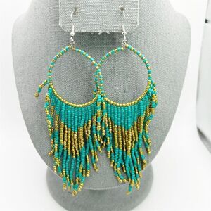 Bohemian Seed Beaded Turquoise Blue & Gold Yellow Tassel Fringe Dangle Earrings